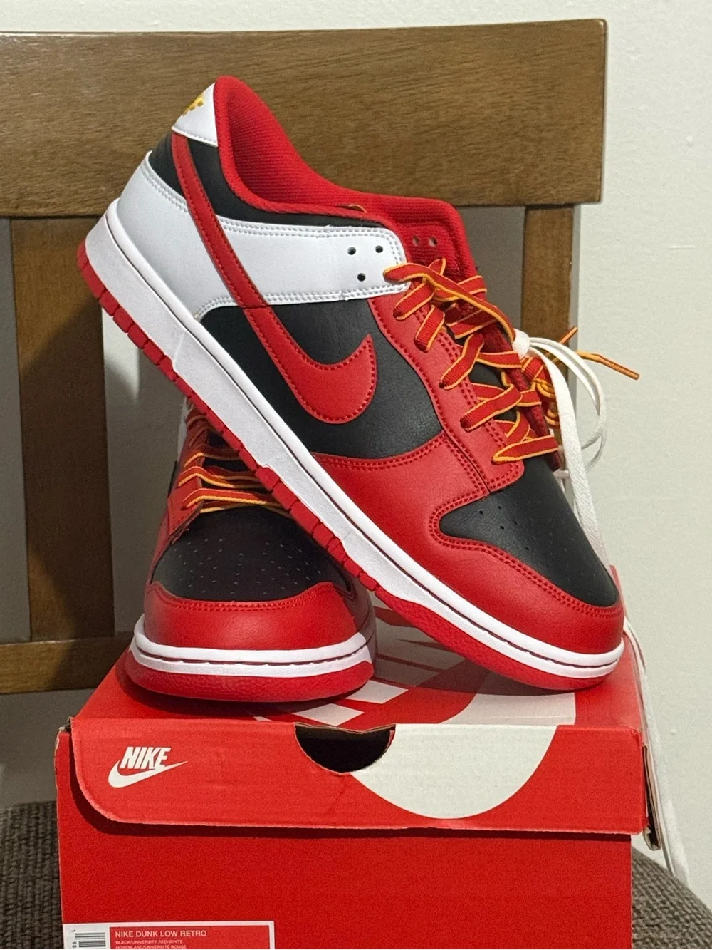 Nike  Dunk Low Retro Sneakers - White/Red/Black with Yellow Logo